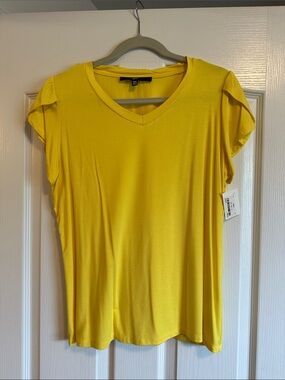 V-Neck Short Sleeve Tee with Flutter Shoulders - Yellow